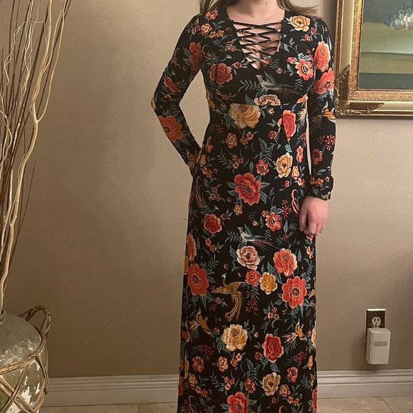 Black, Funky Floral Pattern Long Sleeved Maxi Dress - Picture 1 of 3
